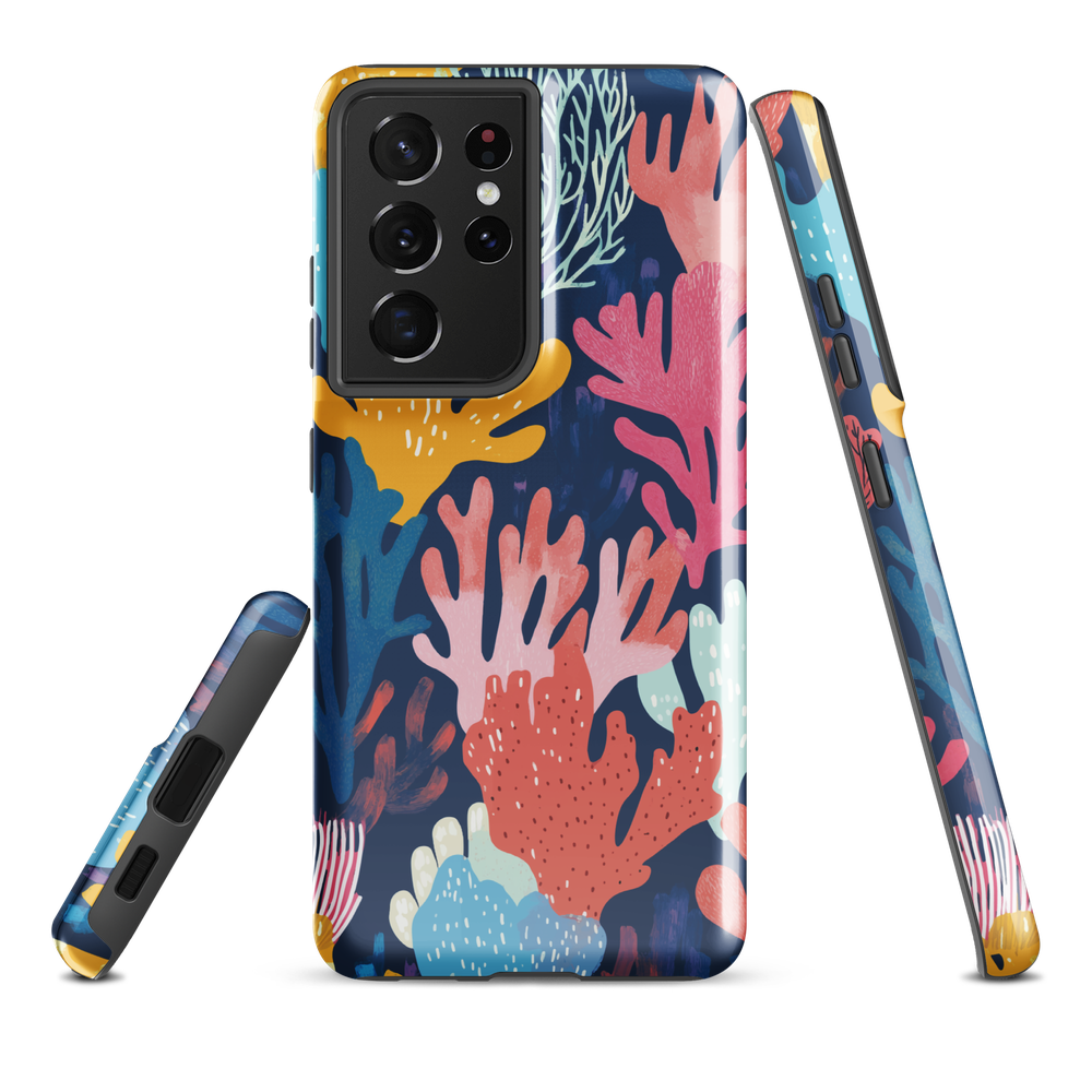 Colourful coral reef phone case design in pink, blue and yellow by NZ artist Ben Hart