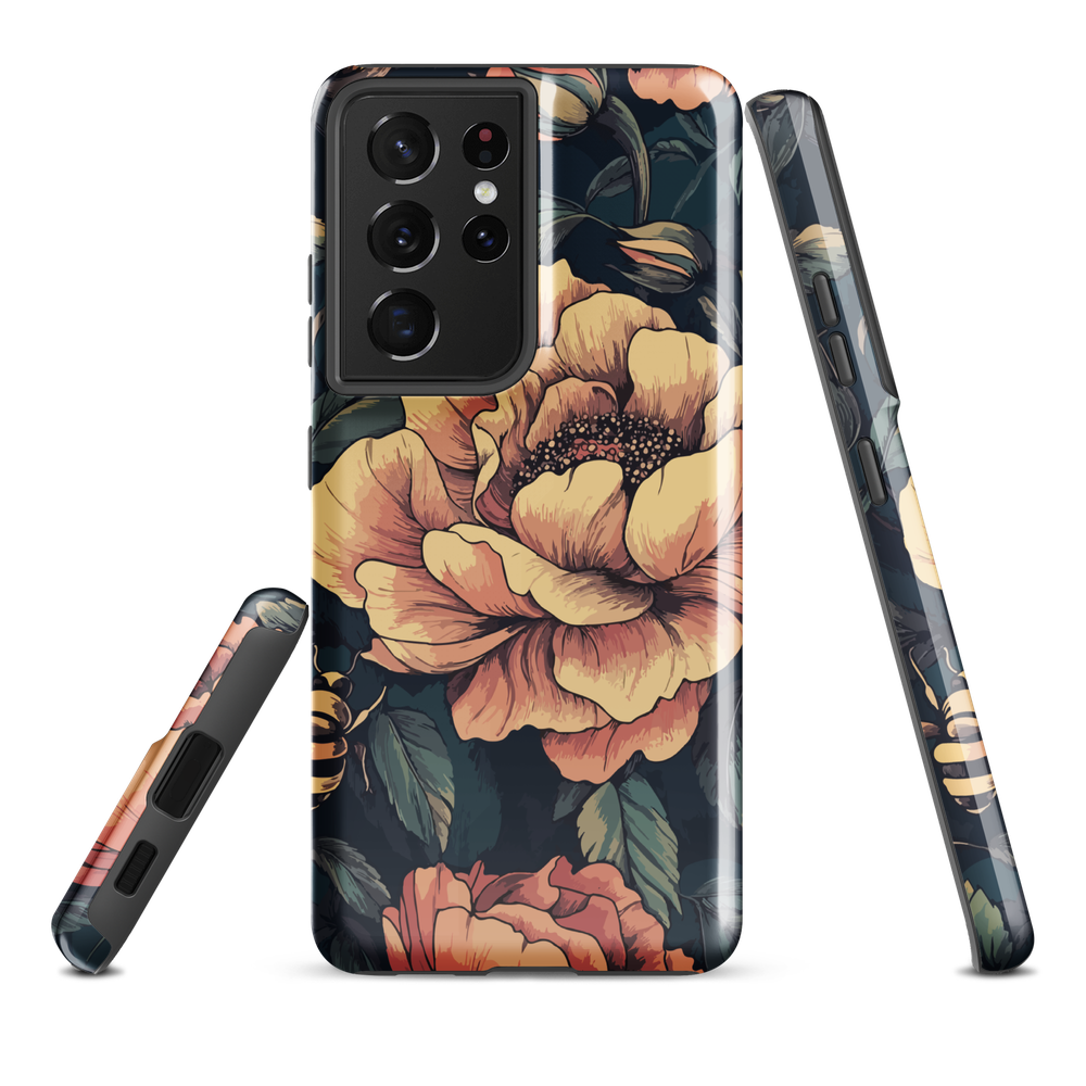 Phone case with vintage-style pink roses and bees on dark background, floral New Zealand artwork.