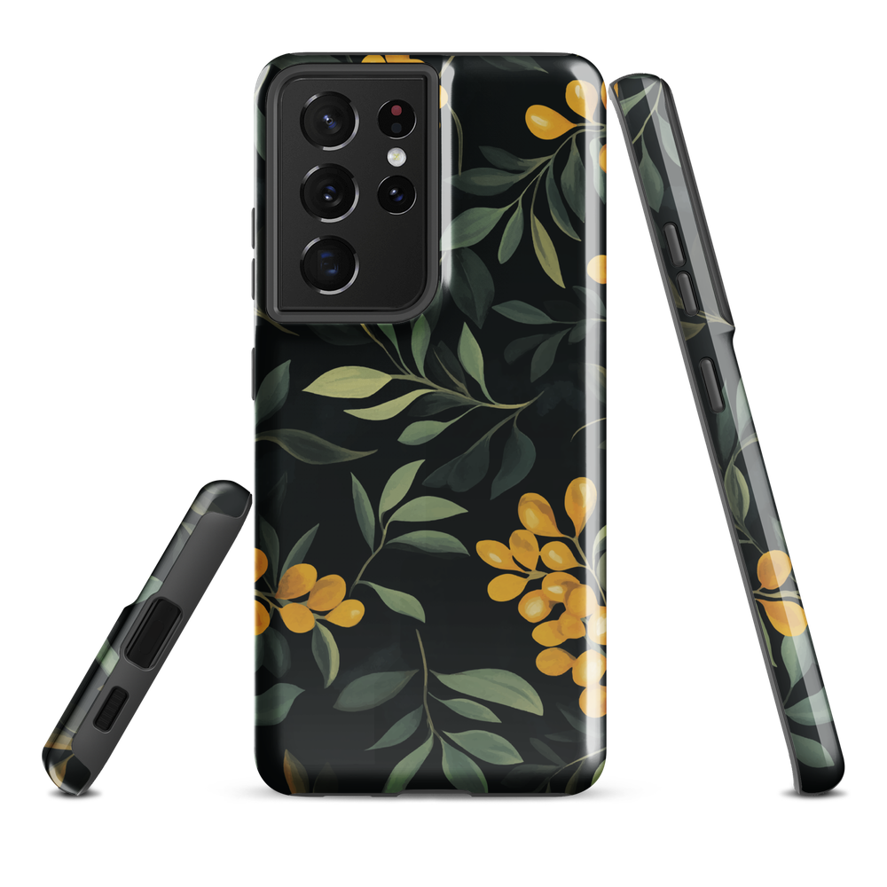 NZ Kowhai phone case with native yellow floral and green leaves on black background by designer Ben Hart.