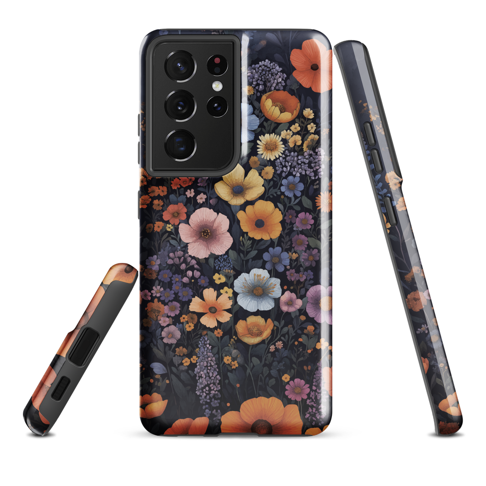 Phone case with colourful wildflowers on dark background, floral art design