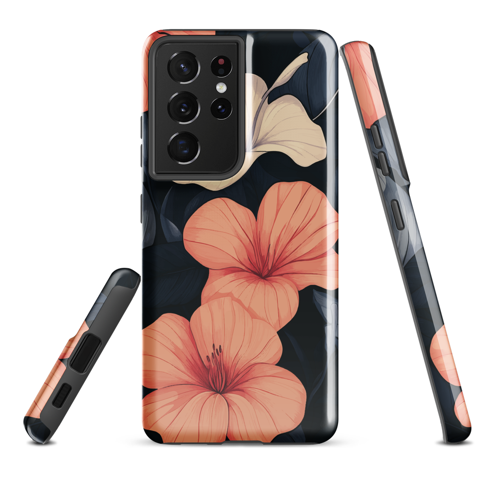 Phone case with coral hibiscus flowers and ivory blooms on dark background