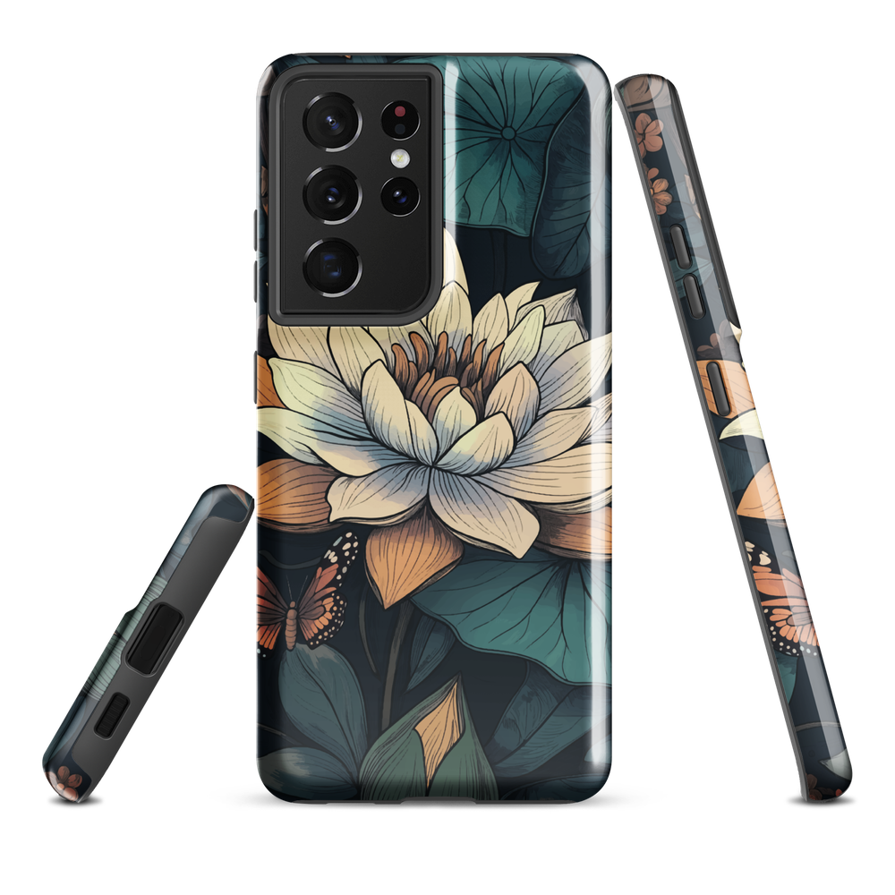 Phone case with ivory water lily, green leaves, and butterfly accents on dark background