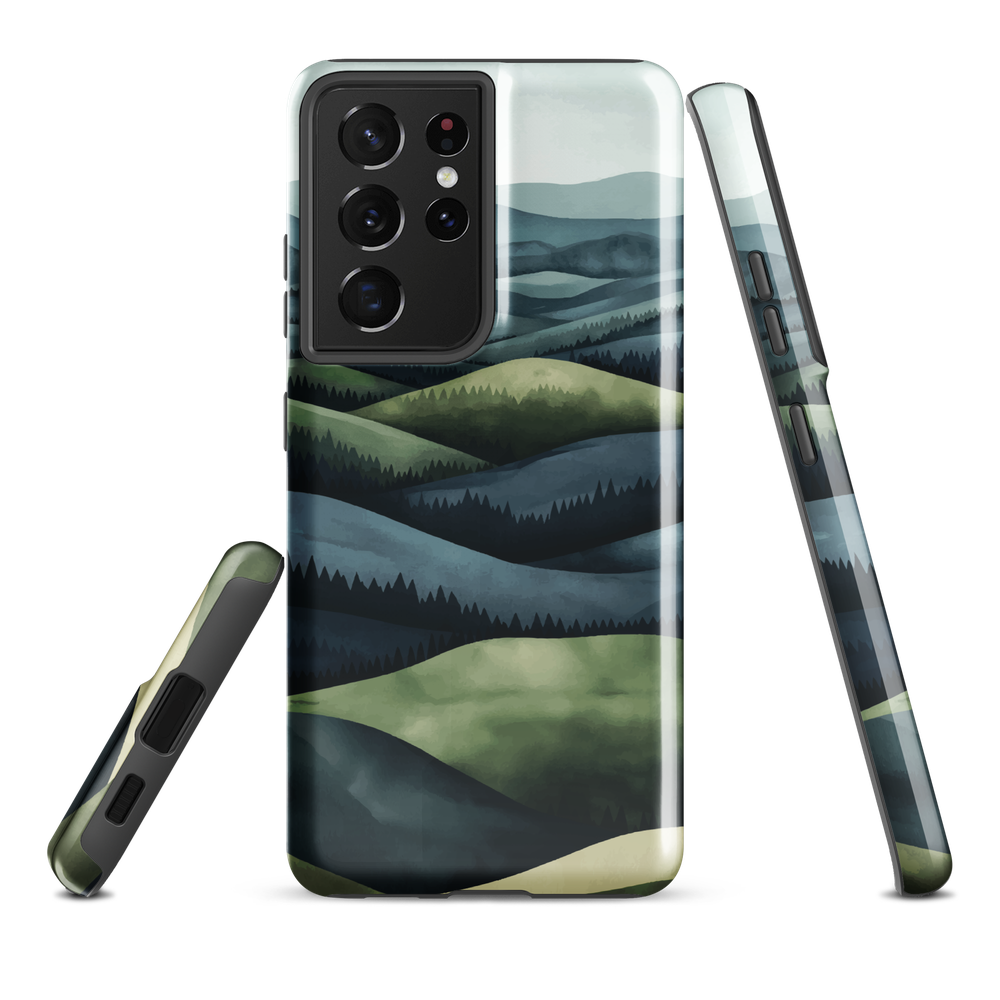 Phone case with layered mountain and forest landscape in blue and green hues