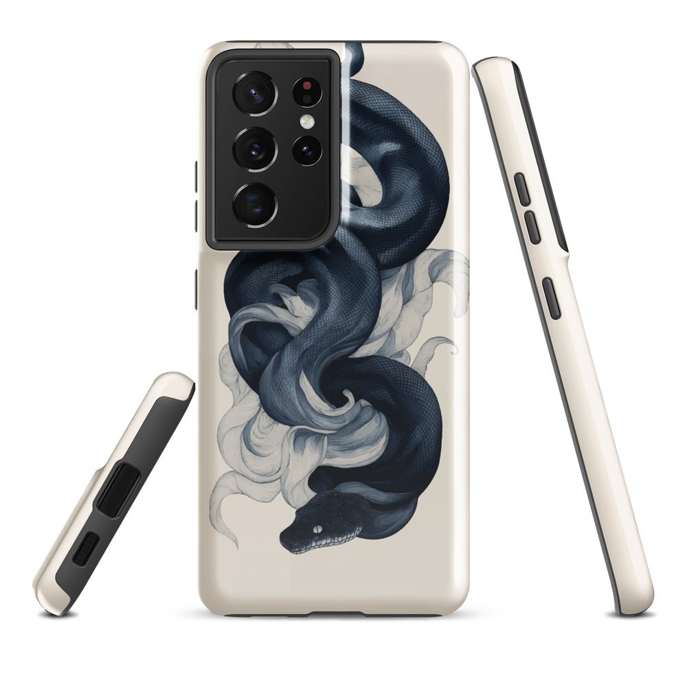 Phone case with black python and smoke design on cream background, serpent art by NZ artist Ben Hart.