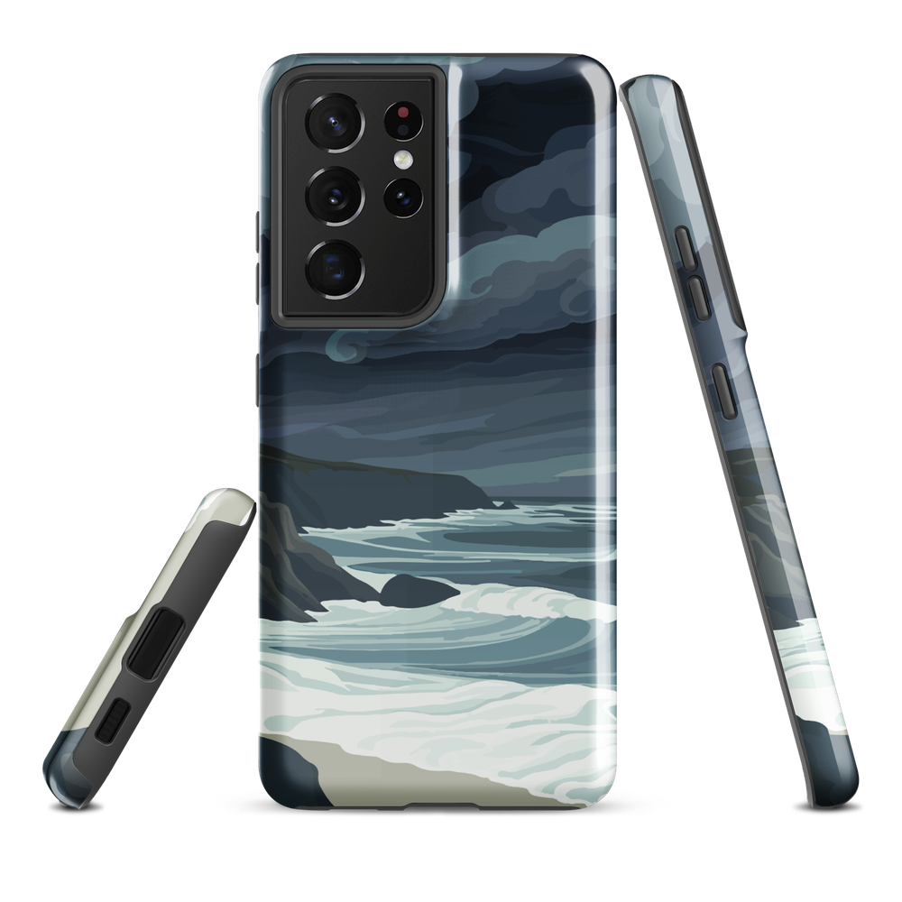 Phone case featuring moody Cape Kidnappers coastline with crashing waves and dark skies