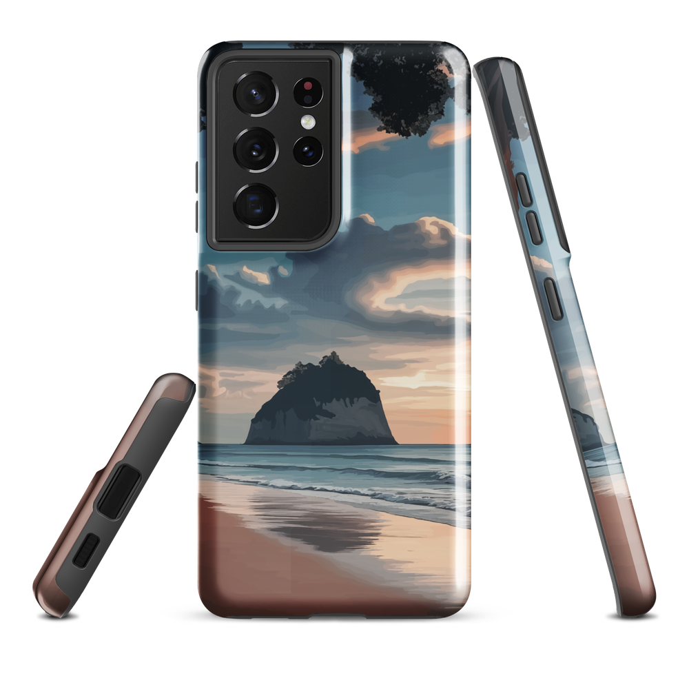 Phone case with Cathedral Cove beach and sunset scene, featuring soft skies and sea stack, by NZ artist Ben Hart.