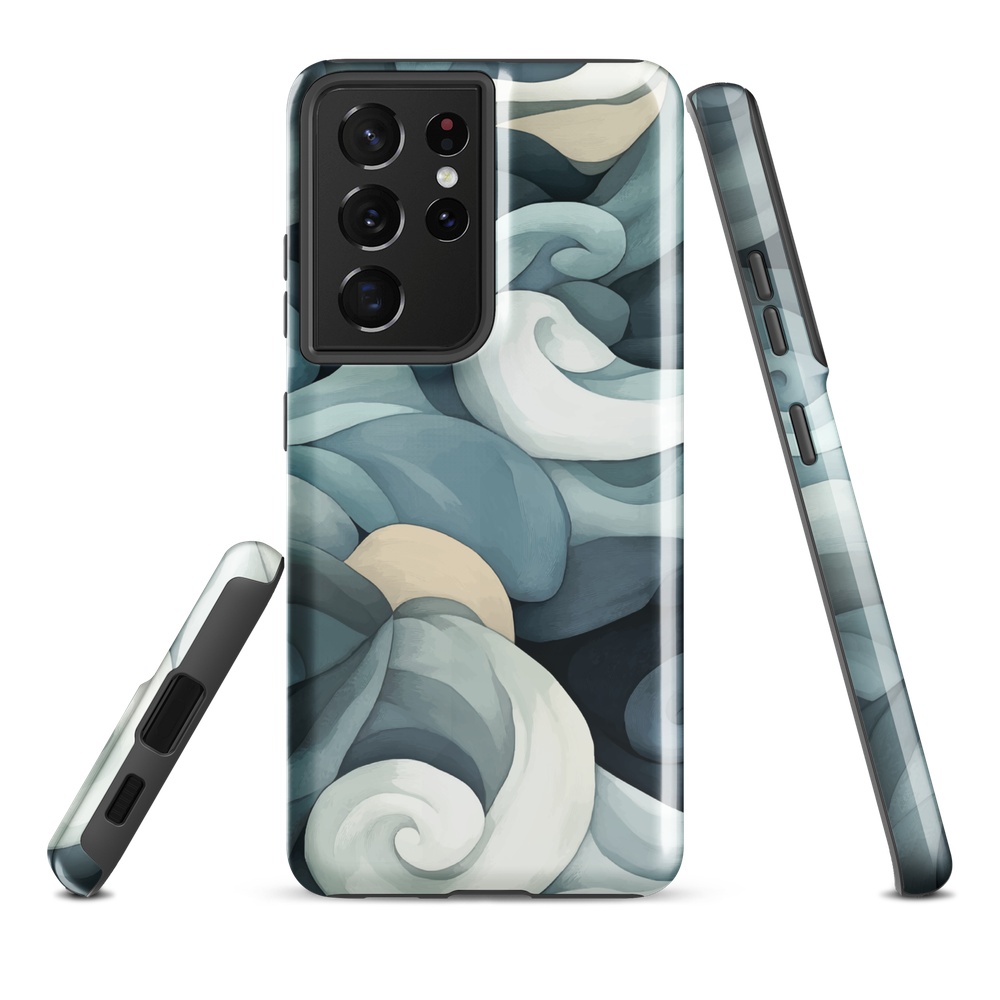 Phone case with abstract swirling ocean waves in blue and cream