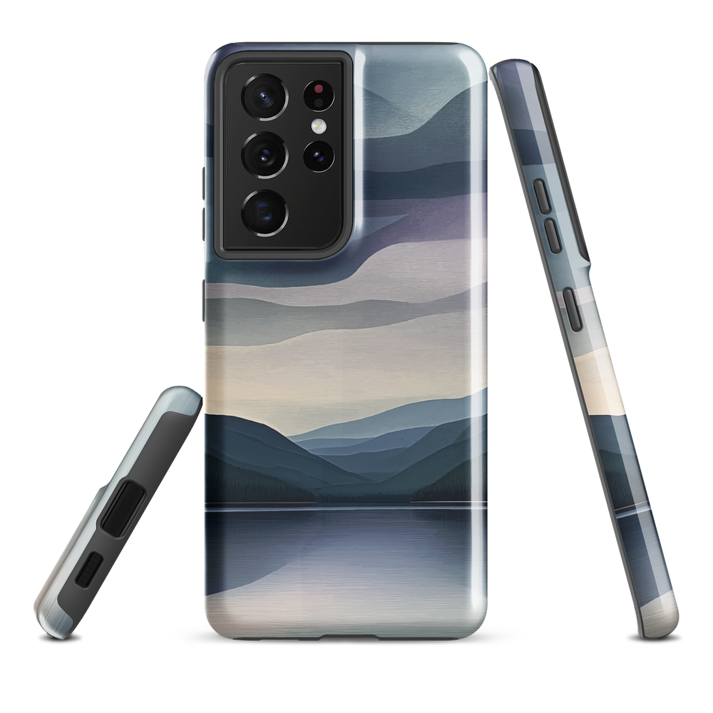 Phone case with moody blue and purple layered mountain and lake landscape artwork