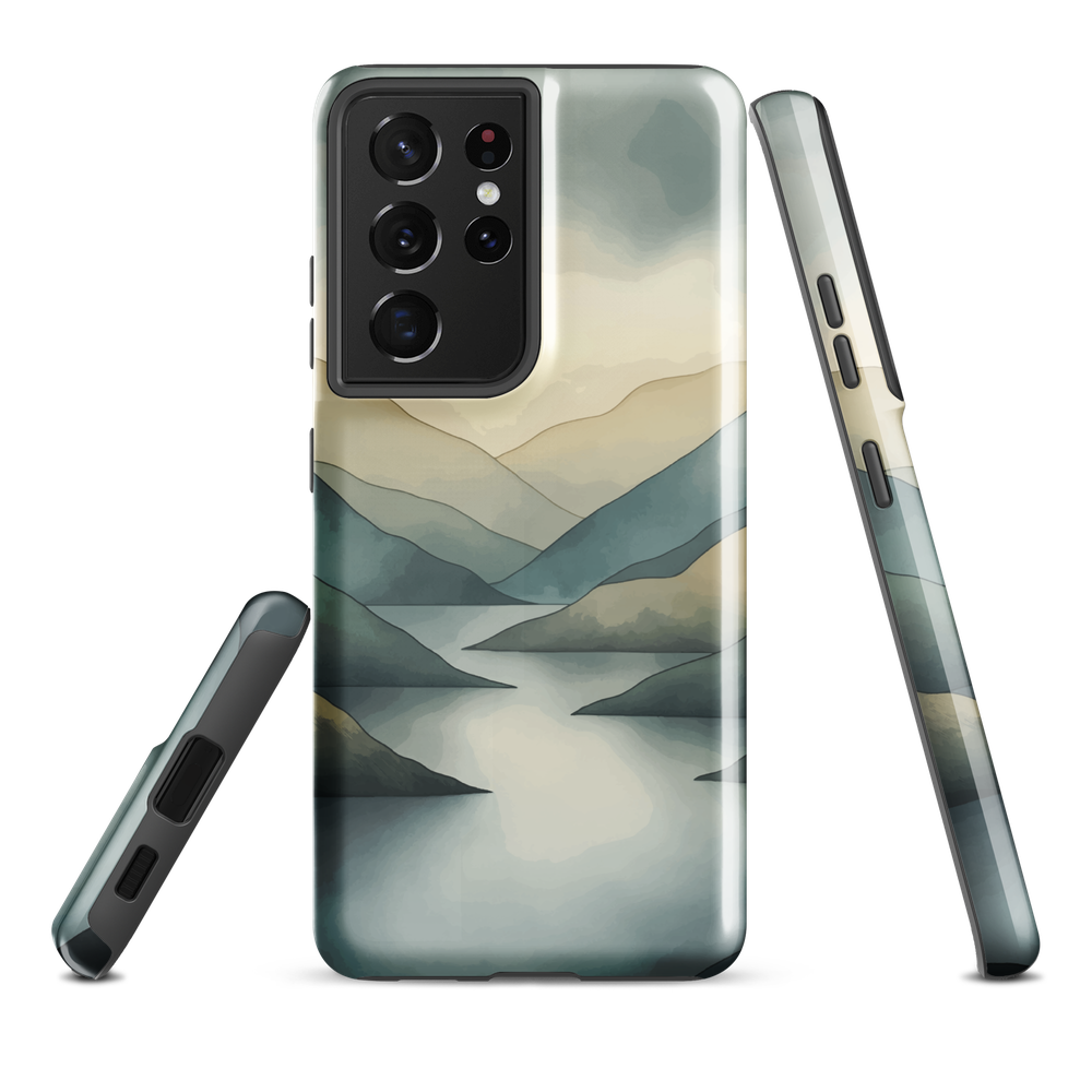 Phone case with soft mountain and valley design in misty green, blue, and golden tones