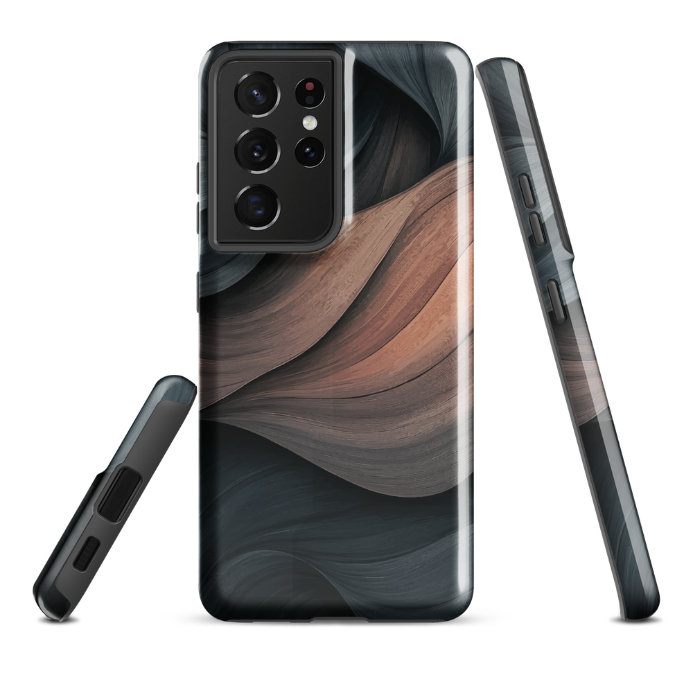 Phone case with flowing abstract design in black, copper and charcoal tones, inspired by dusk shadows