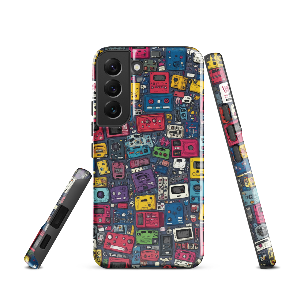 'Arcade' Samsung case, featuring a vibrant collage of hand-drawn controllers in bold, vintage-inspired colours. From electric blue and hot pink to classic black and yellow