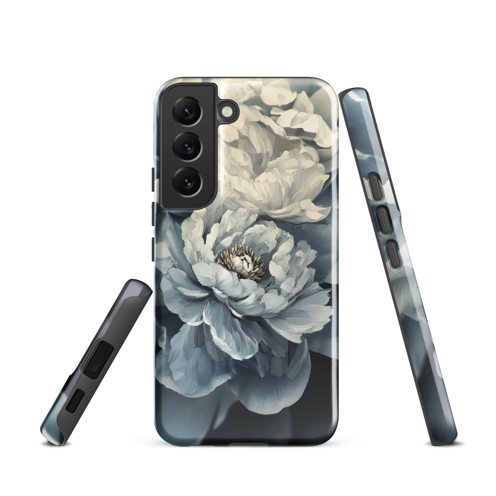 'Whisper' Samsung case features a stunning close-up of softly painted peony blooms in dreamy shades of ivory, grey, and smoky blue.