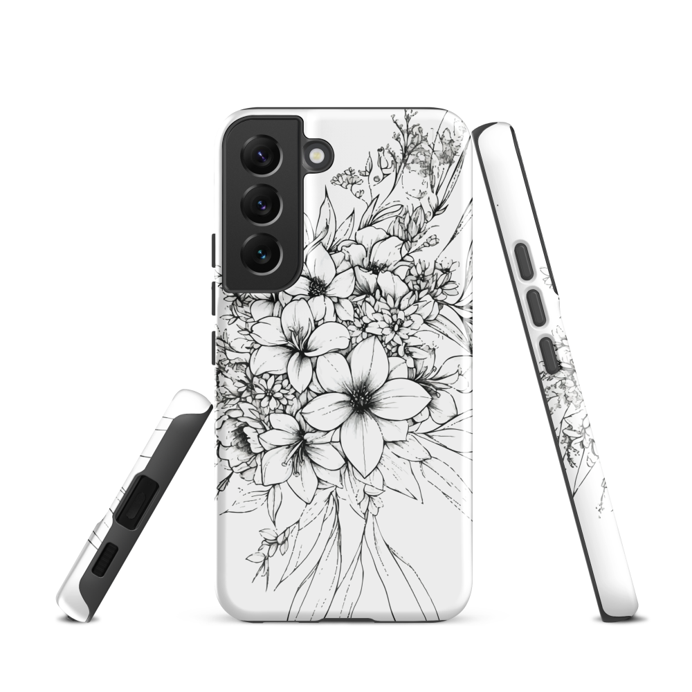Black and white floral phone case with hand-drawn lilies and wildflowers