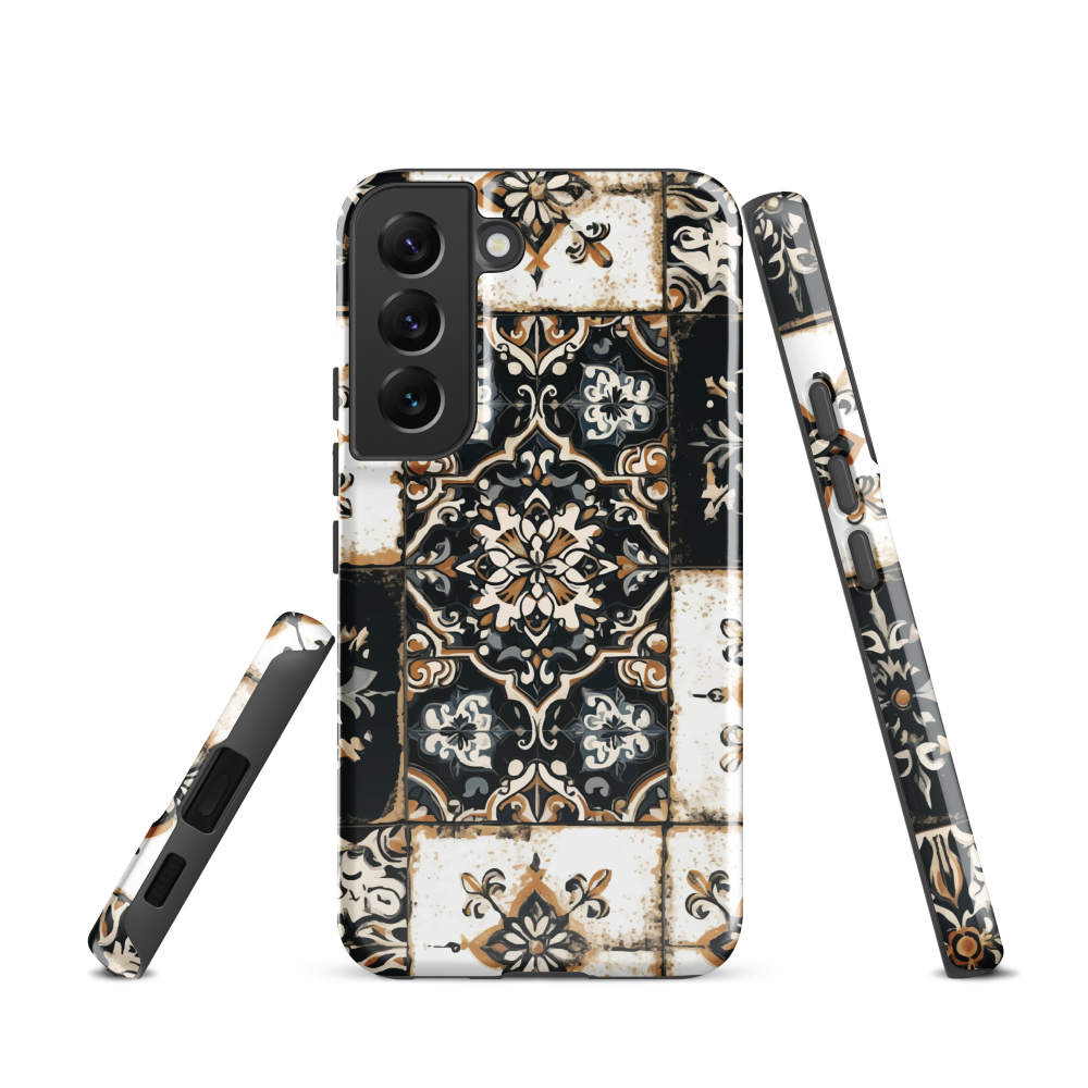 Moroccan tile pattern phone case in black, white, and gold tones with vintage-inspired design.