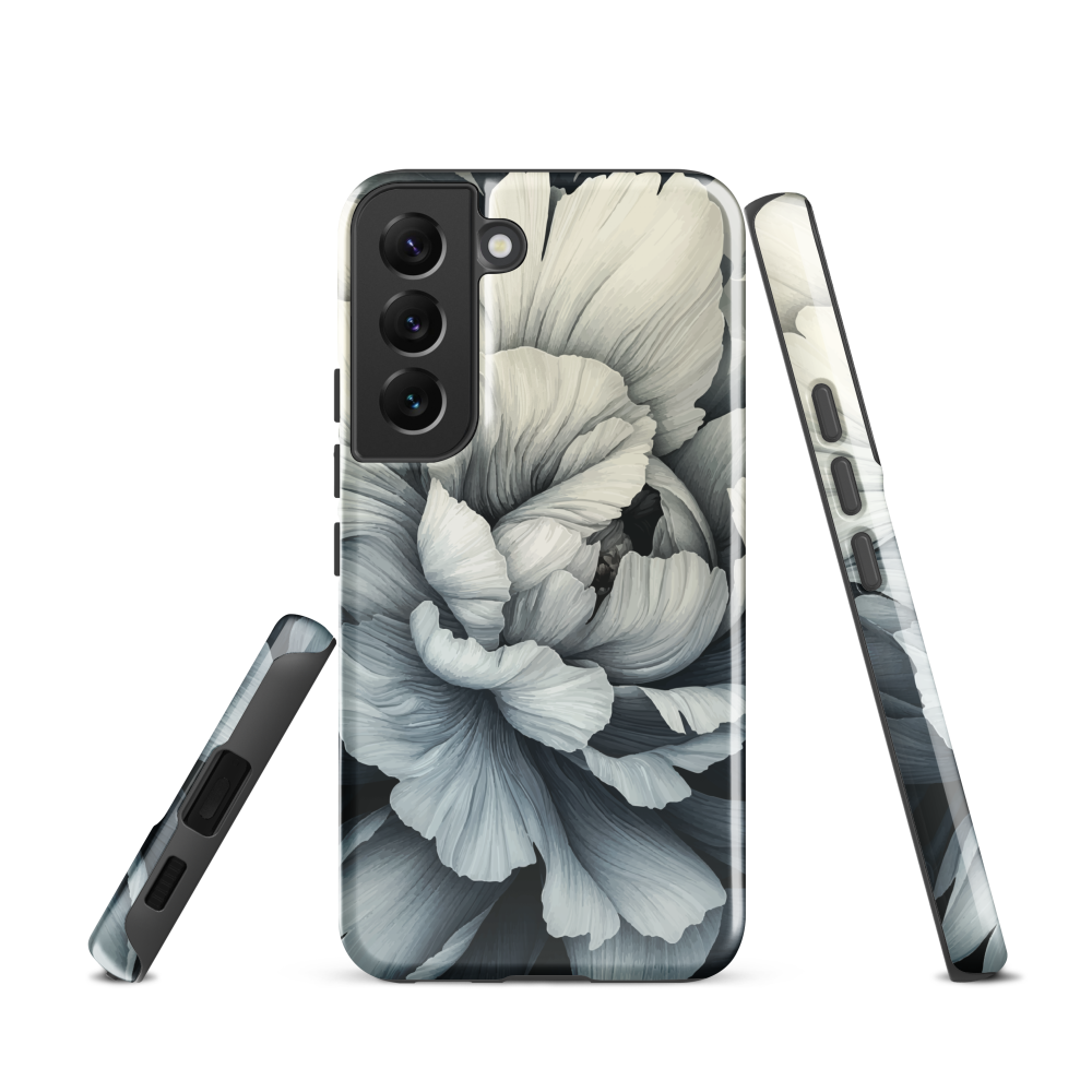 Black and white floral phone case featuring a soft, moody peony design by New Zealand artist Ben Hart.