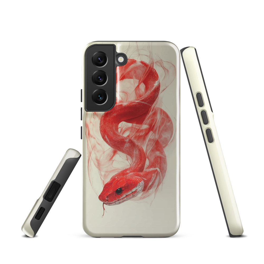 Phone case with red snake design on a cream background, coiled in smoky detail. Bold artwork by NZ designer Ben Hart.