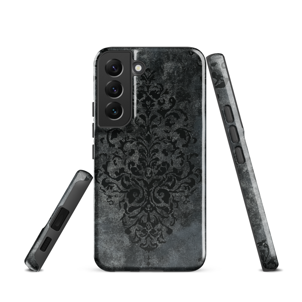 Dark damask patterned phone case with a vintage gothic aesthetic and textured stone background.
