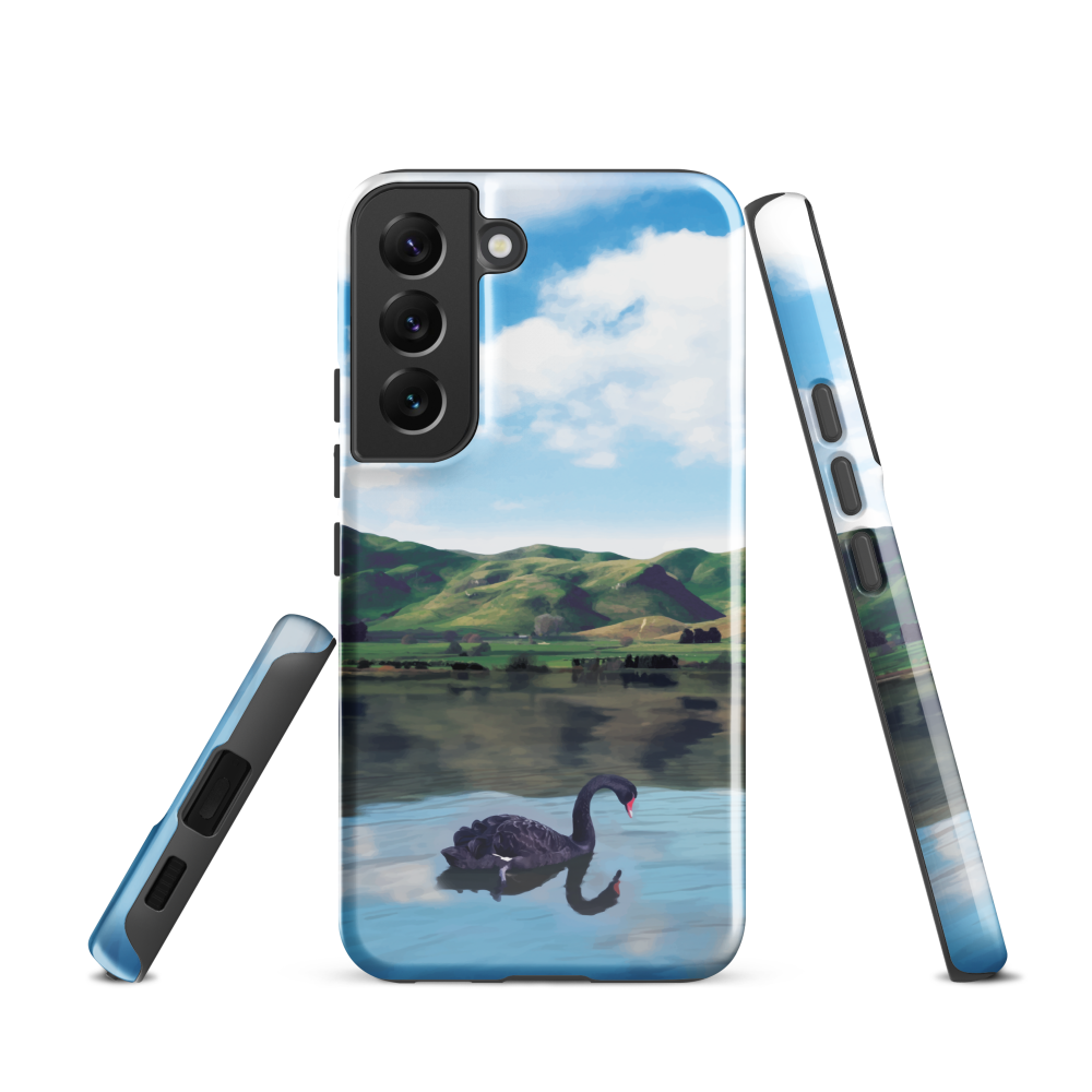 Phone case with a black swan on a calm lake, New Zealand hills in the background. Art by NZ designer Ben Hart.