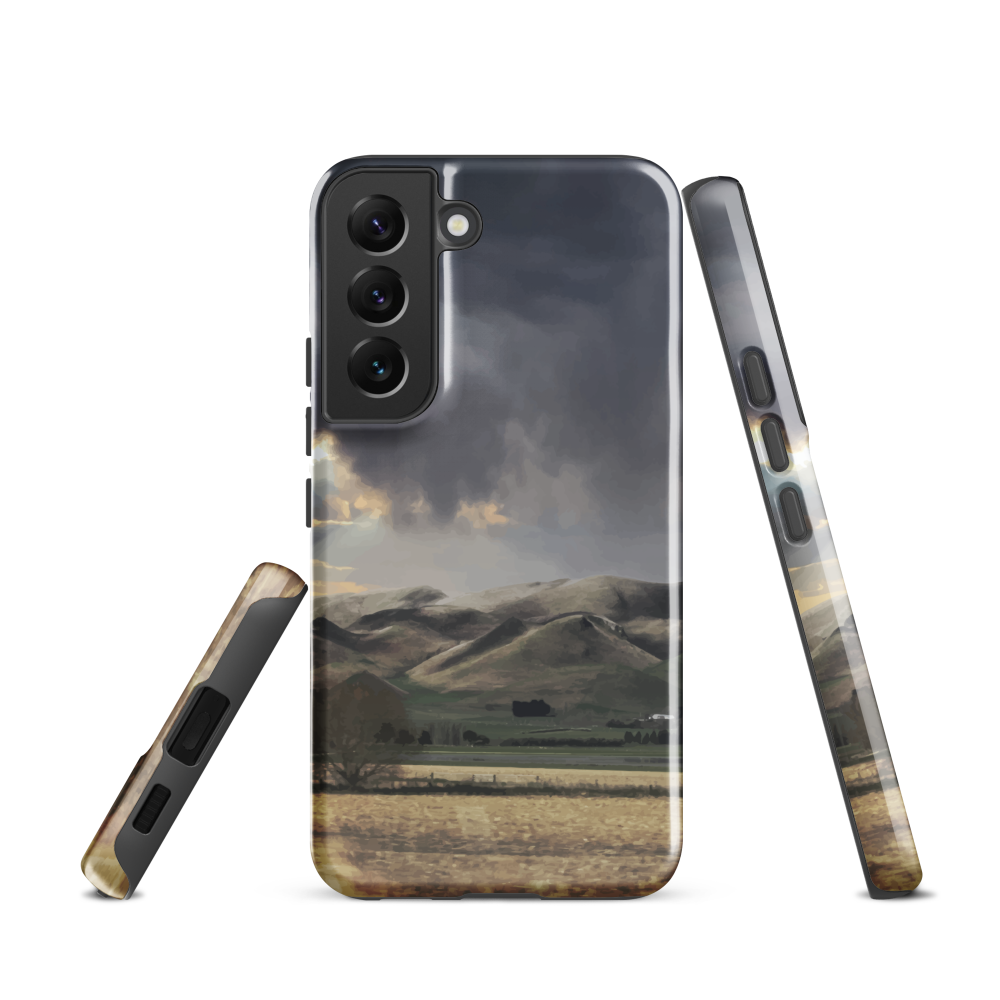 Designer phone case with NZ landscape painting of Te Hauke and cloudy skies by Ben Hart.