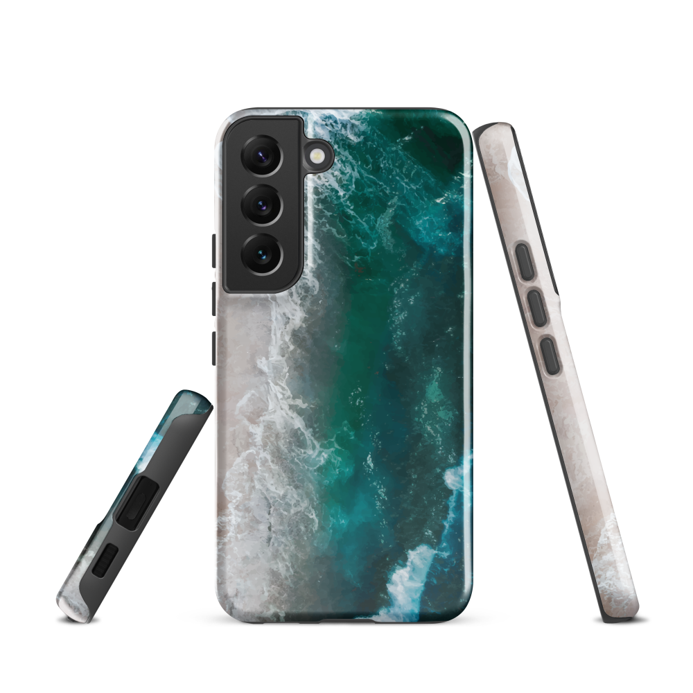 Ocean wave phone case with abstract beach design in teal and white, by NZ artist Ben Hart.
