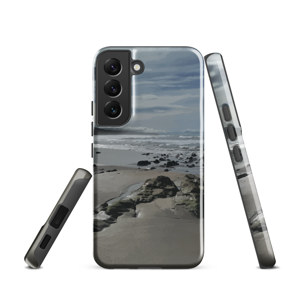 Phone case with artwork of Riversdale Beach, Masterton – rocks, waves and sky by NZ artist Ben Hart.