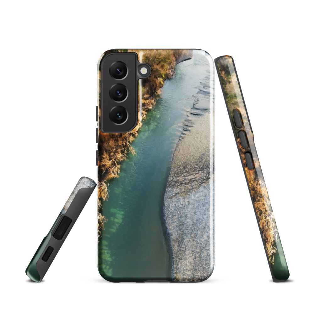 Phone case with aerial riverbend artwork and earthy tones, designed by New Zealand artist Ben Hart.