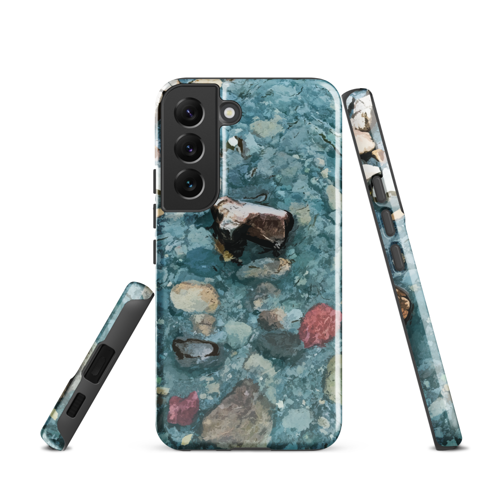 Washed Away designer phone case with abstract river stone artwork in earthy blues and natural tones.