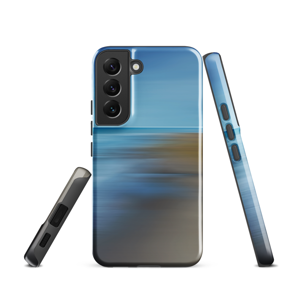 Ocean Breeze phone case with abstract blue and sandy tones inspired by sea and sky.