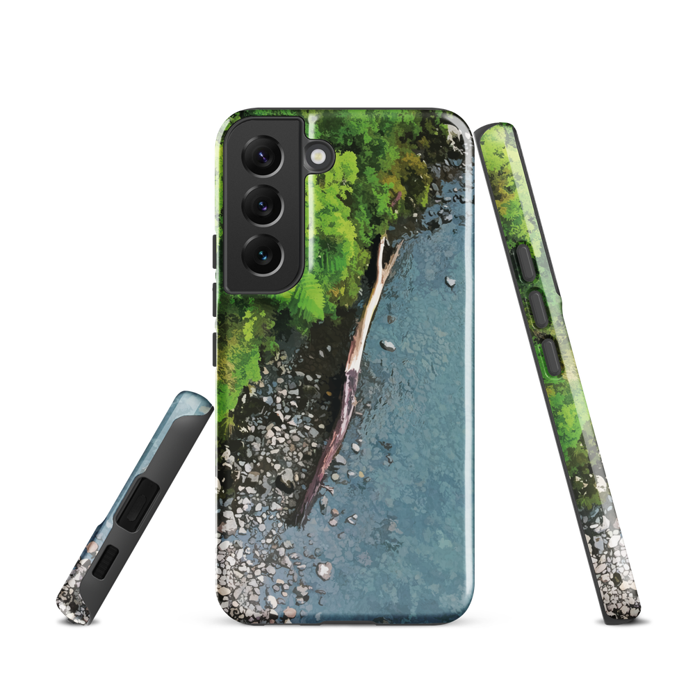 Resting Place phone case with aerial artwork of river rocks, green bush, and driftwood in a New Zealand stream.