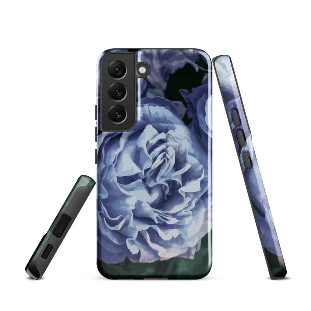 Designer phone case with a bold blue rose artwork and glossy finish.