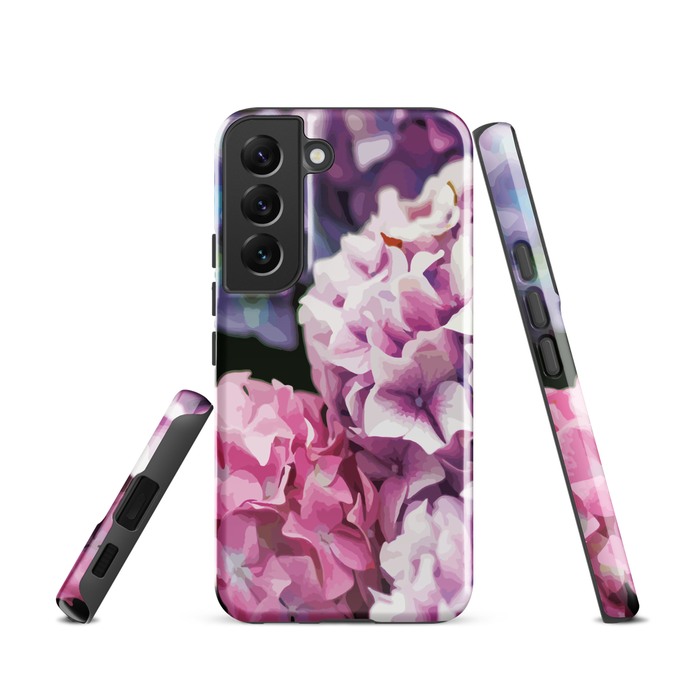 Designer phone case with pink and purple hydrangea floral artwork.