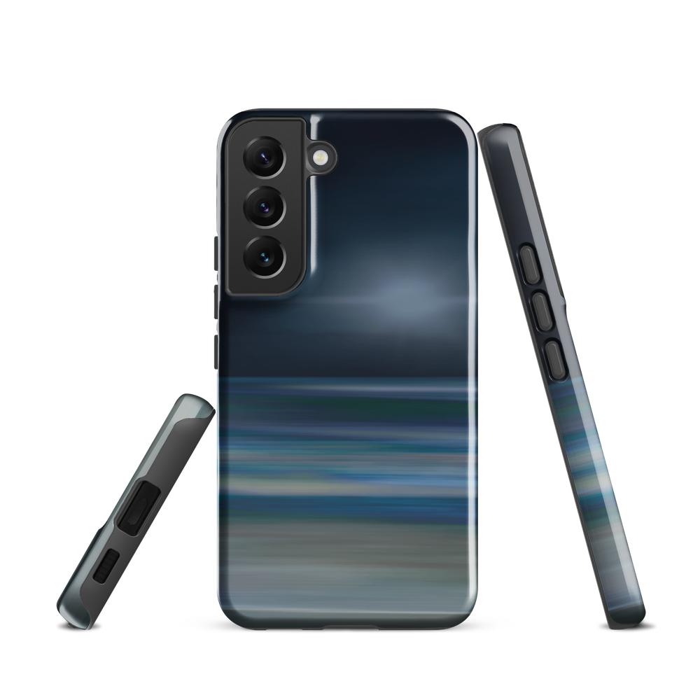 Dark abstract phone case with blue and grey streaks and glossy finish.