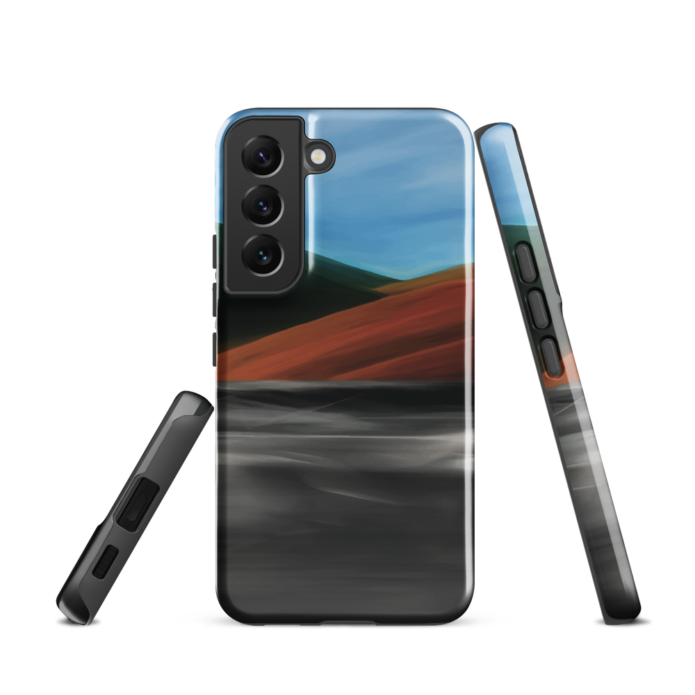 Phone case with abstract red, green, and blue heat wave landscape design.