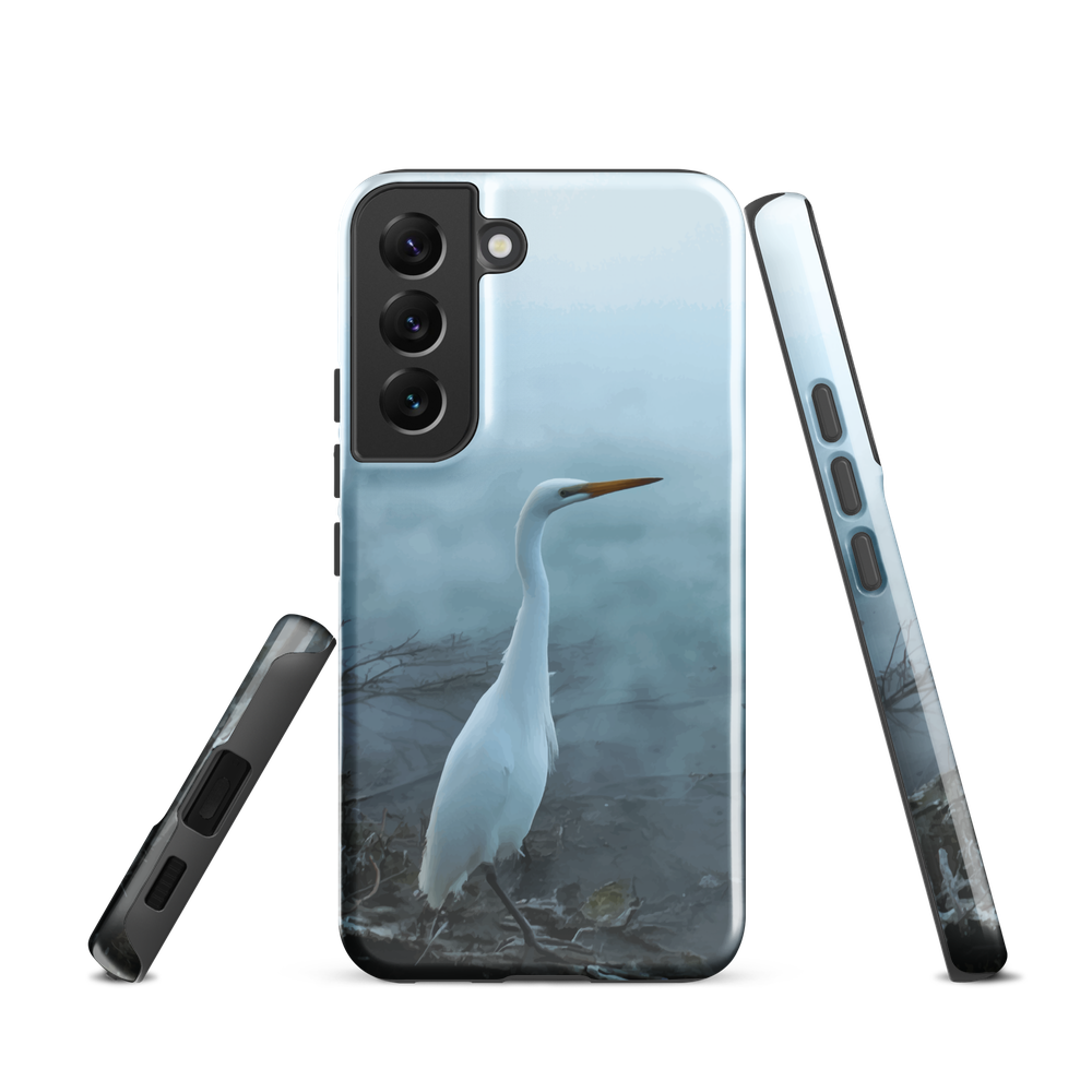 Phone case with a white heron standing in a misty wetland scene.