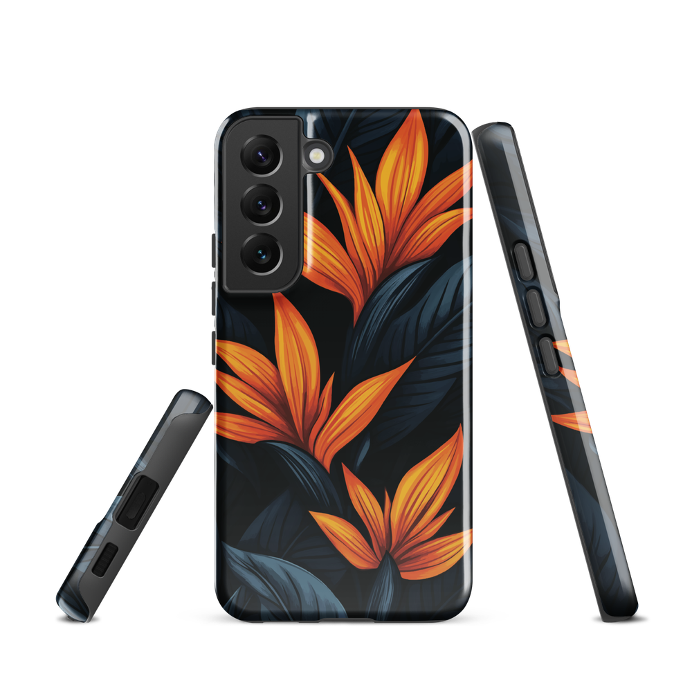 Phone case with bold orange bird of paradise flowers on dark background.