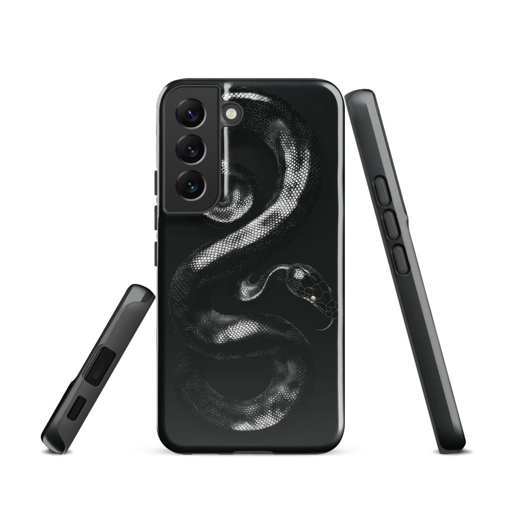 Phone case with detailed black python design on dark background.