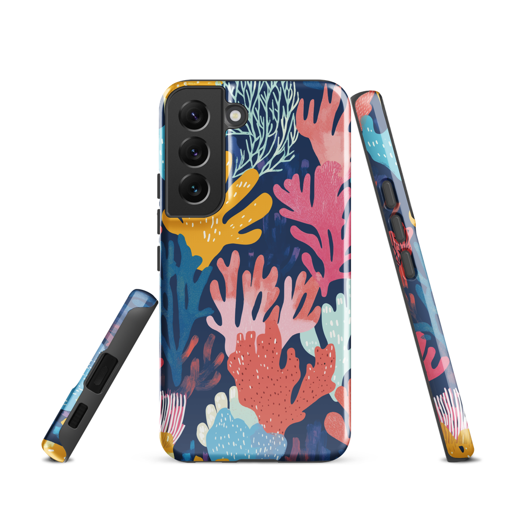Colourful coral reef phone case design in pink, blue and yellow by NZ artist Ben Hart