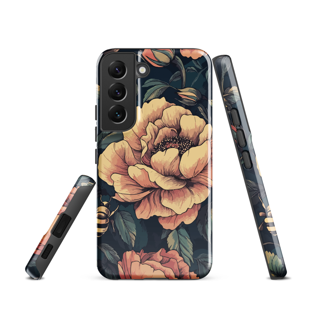 Phone case with vintage-style pink roses and bees on dark background, floral New Zealand artwork.