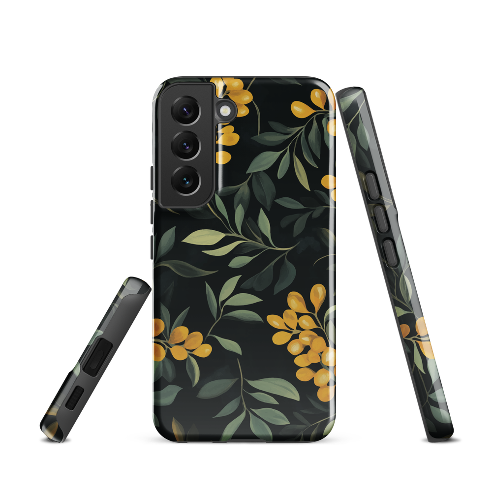 NZ Kowhai phone case with native yellow floral and green leaves on black background by designer Ben Hart.