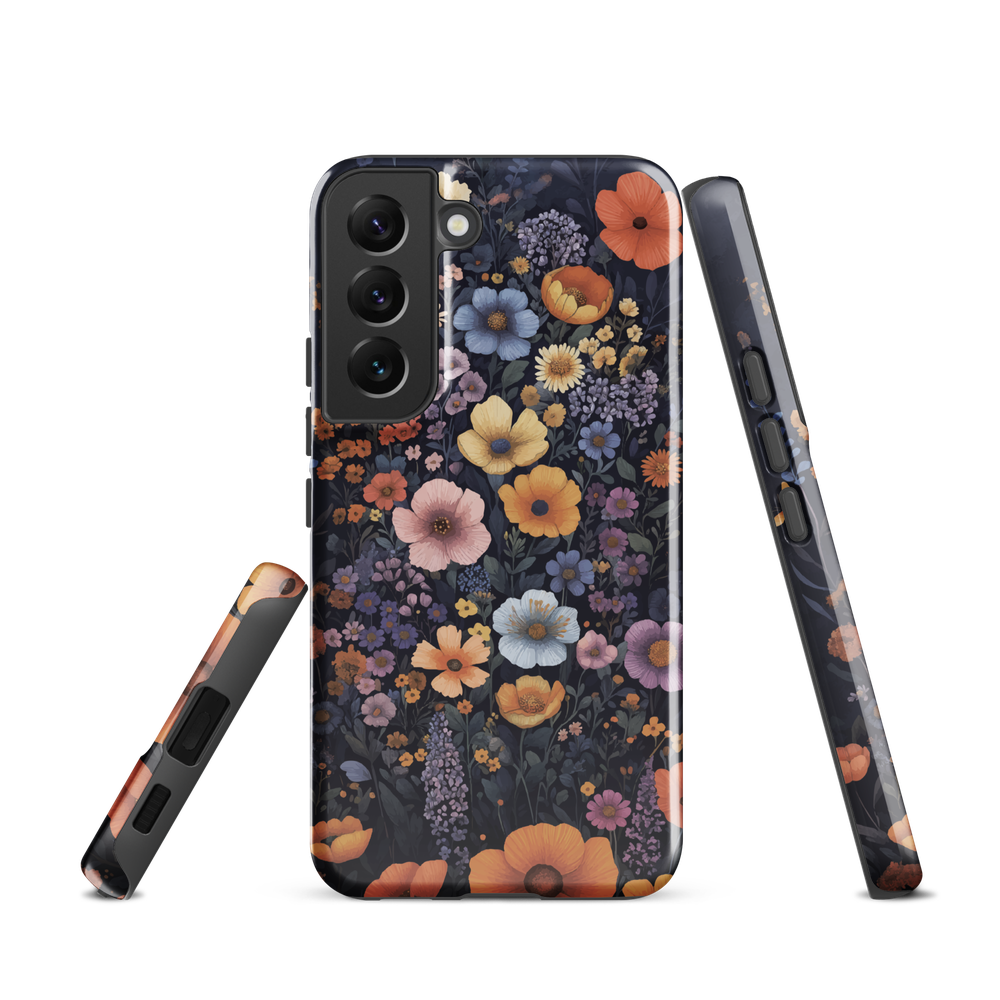 Phone case with colourful wildflowers on dark background, floral art design