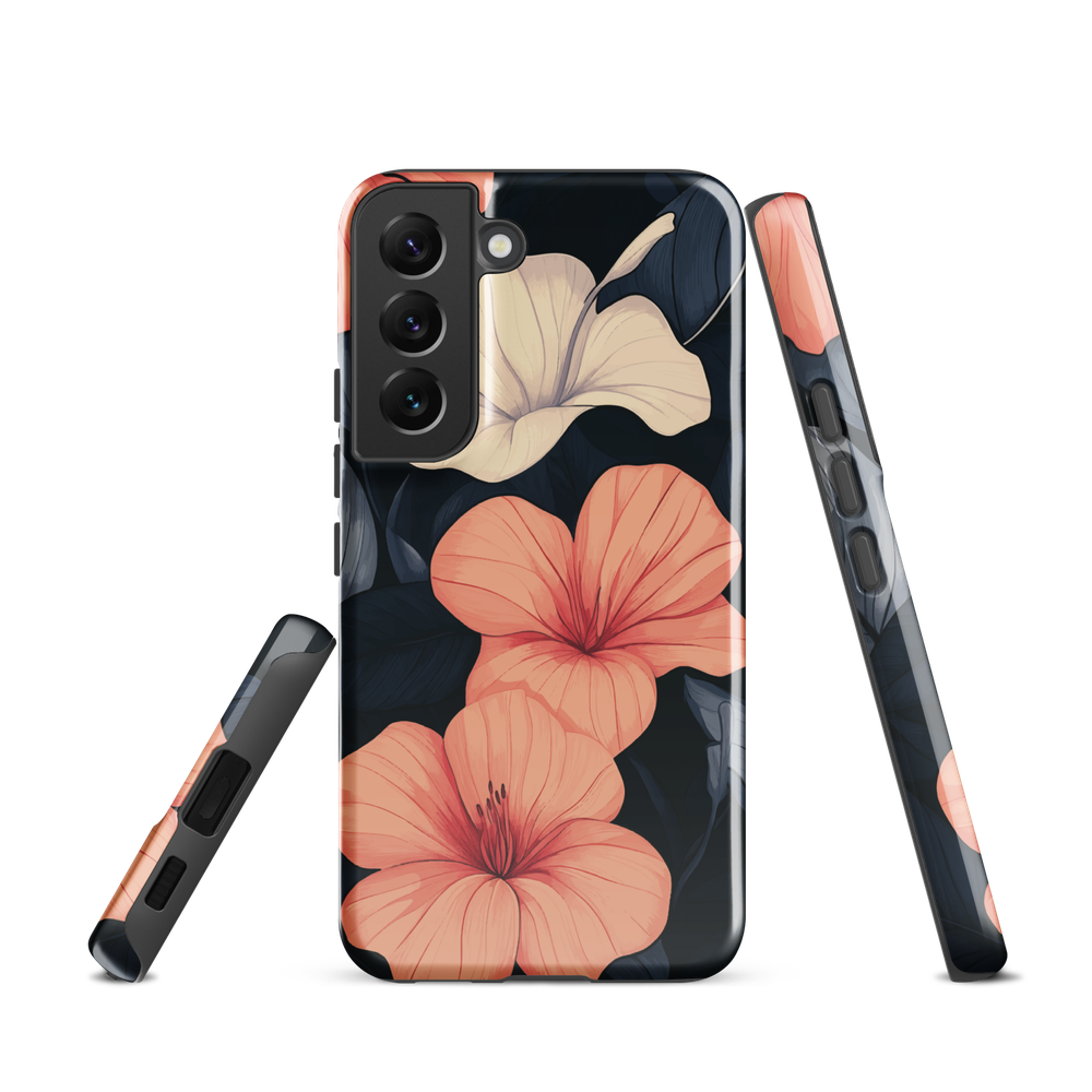 Phone case with coral hibiscus flowers and ivory blooms on dark background