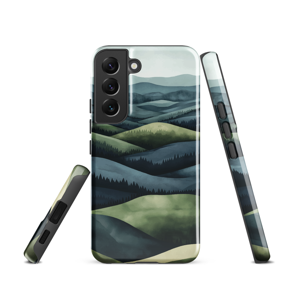 Phone case with layered mountain and forest landscape in blue and green hues
