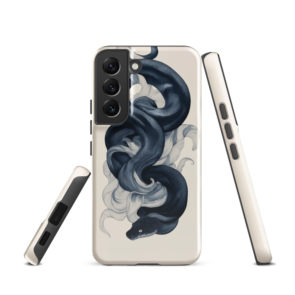 Phone case with black python and smoke design on cream background, serpent art by NZ artist Ben Hart.