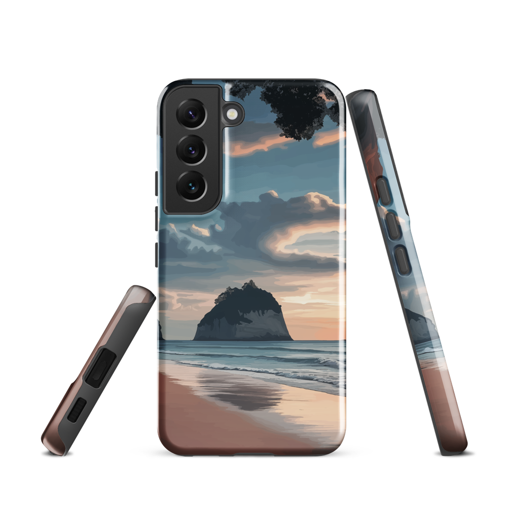 Phone case with Cathedral Cove beach and sunset scene, featuring soft skies and sea stack, by NZ artist Ben Hart.