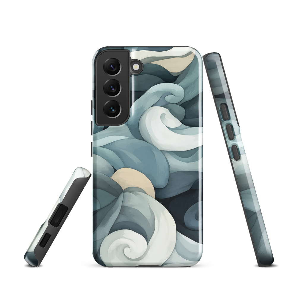 Phone case with abstract swirling ocean waves in blue and cream