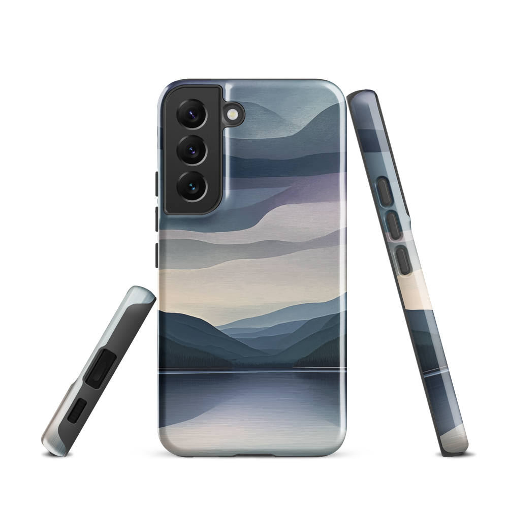 Phone case with moody blue and purple layered mountain and lake landscape artwork