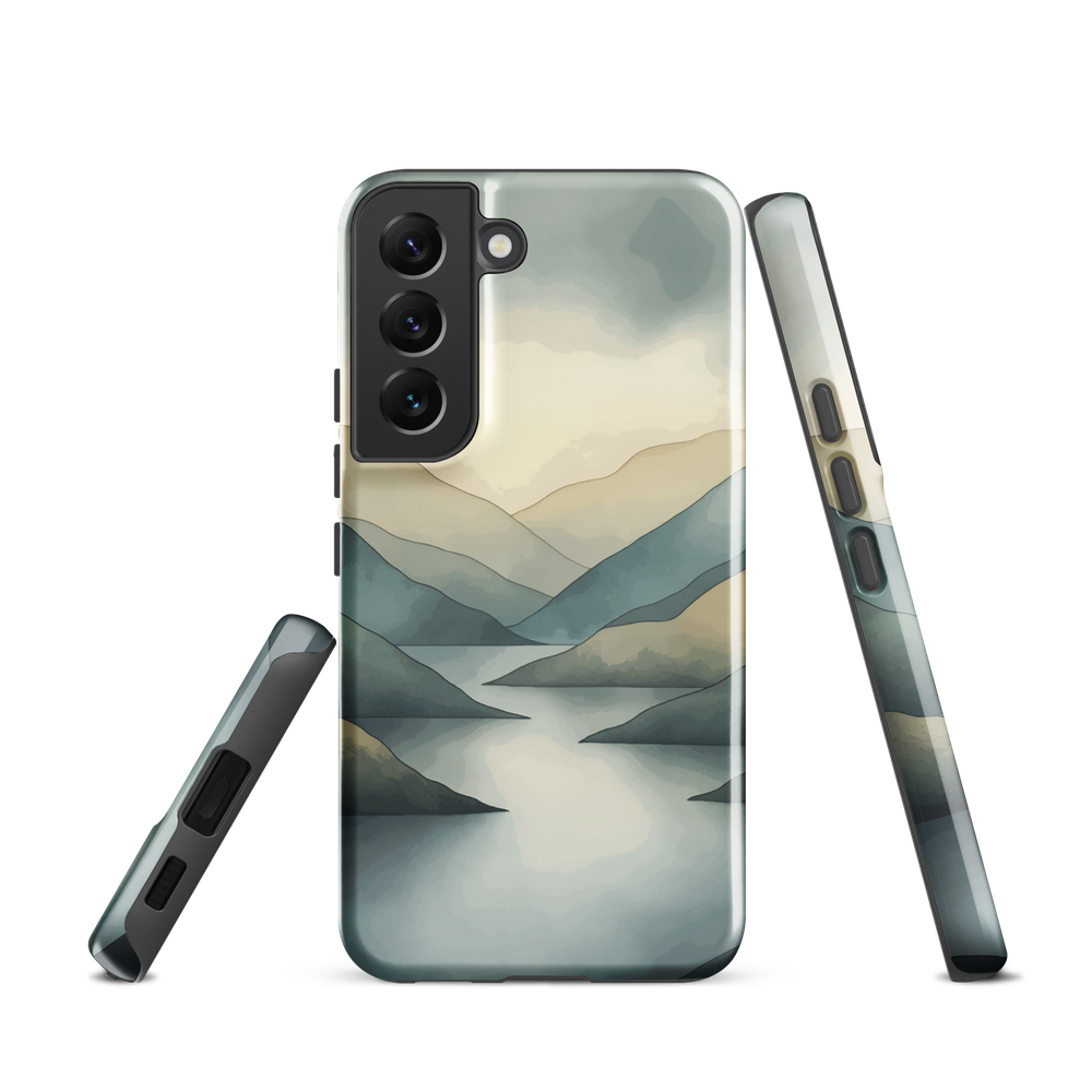 Phone case with soft mountain and valley design in misty green, blue, and golden tones