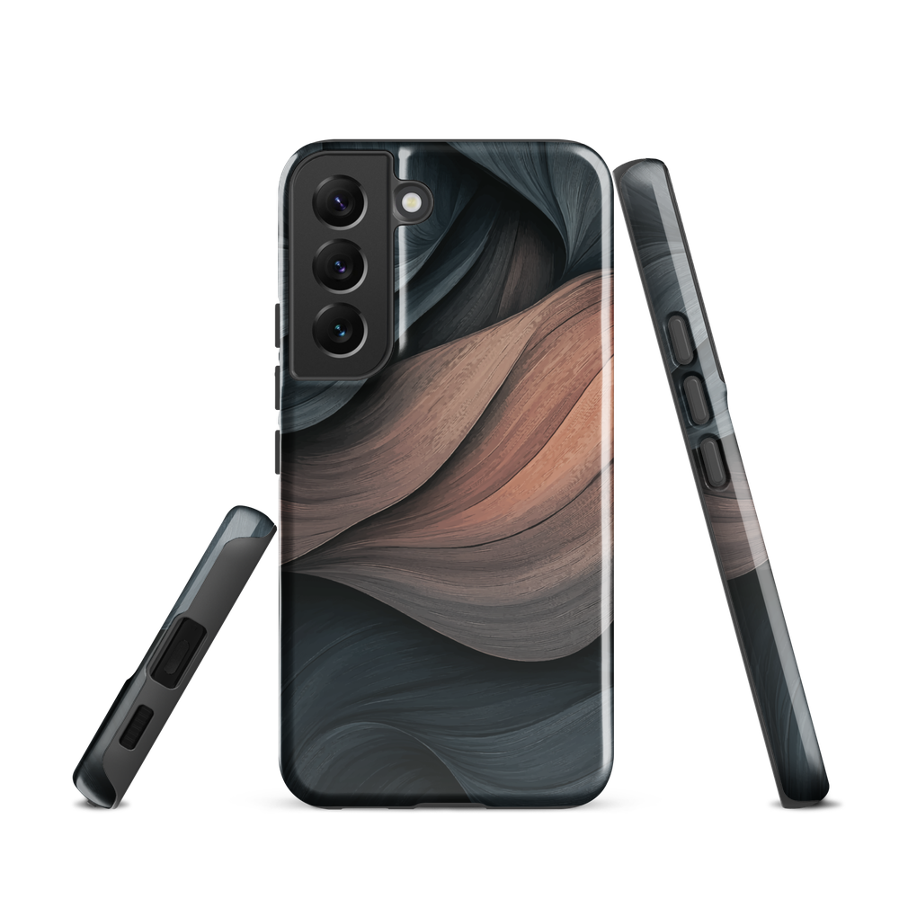 Phone case with flowing abstract design in black, copper and charcoal tones, inspired by dusk shadows