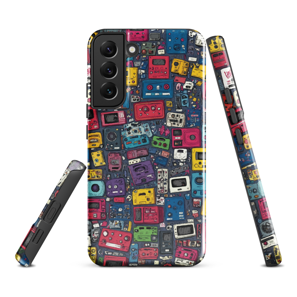 'Arcade' Samsung case, featuring a vibrant collage of hand-drawn controllers in bold, vintage-inspired colours. From electric blue and hot pink to classic black and yellow