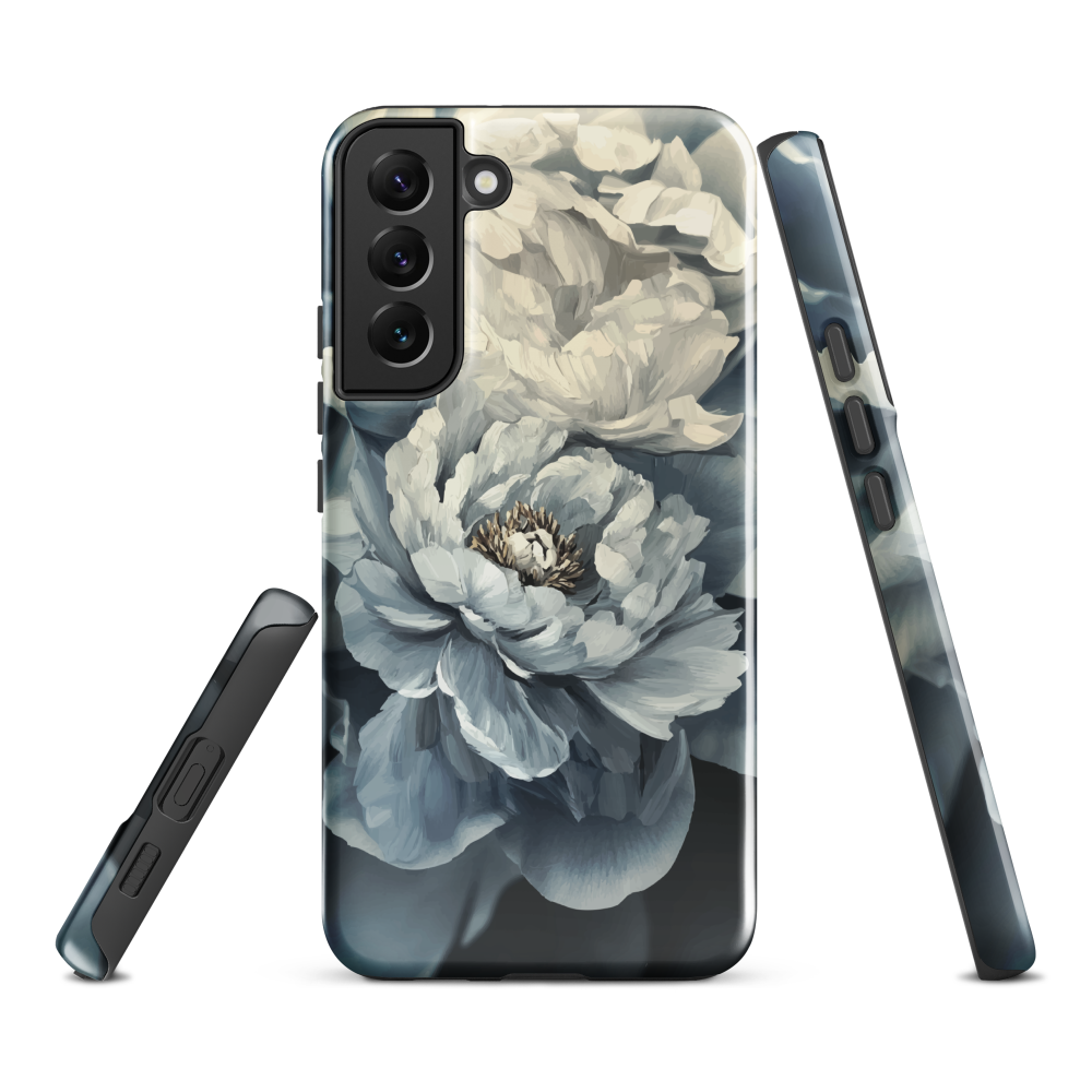 'Whisper' Samsung case features a stunning close-up of softly painted peony blooms in dreamy shades of ivory, grey, and smoky blue.